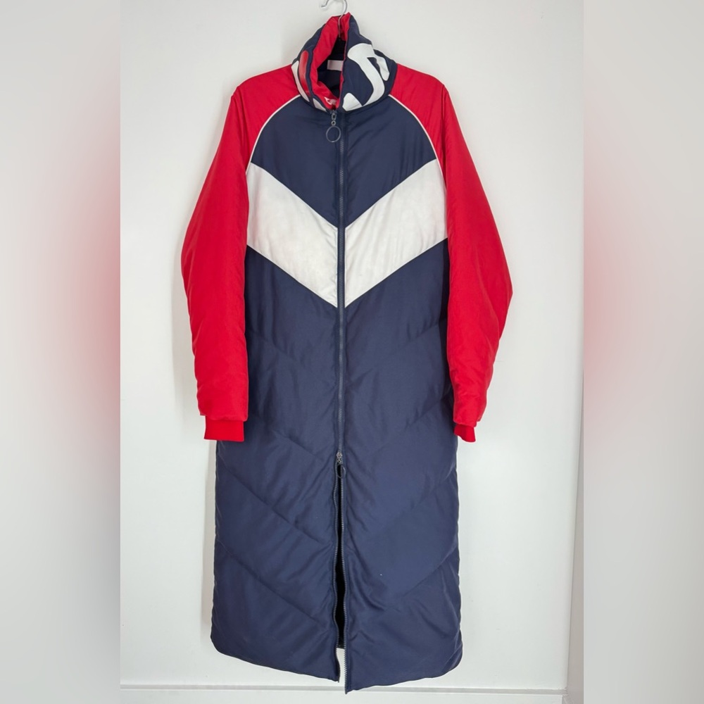 FILA Long Puffer Coat | Colorblock Red Navy White S - Picture 3 of 9